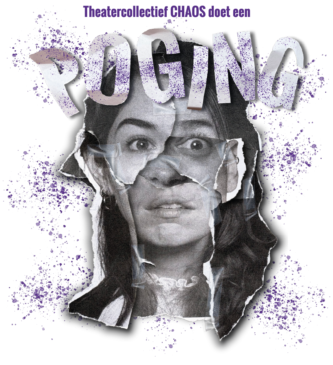 Beeldmerk Poging theatercollectief CHAOS De tekst "POGING" in een speelse typografie met paarse accenten.